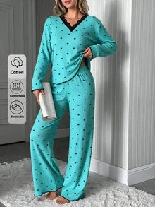 SHEIN Cotton Rib 2pcs Mint Heart Long Sleeve Contrast Lace Sleep Tee Long Pants Casual Lounge Pajama Set - Mint Green - View 1