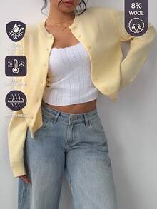 SHEIN BASICS 女款溫柔風百搭鈕扣長袖針織開襟衫 - 鵝黃色 - 查看 6