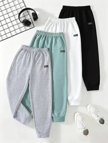 SHEIN 4件組兒童青少年男孩休閒百搭運動長褲，薄荷綠、麻灰、白色、黑色，適合通勤、上學、日常休閒穿著、運動，秋冬款 - 彩色 - 查看 3