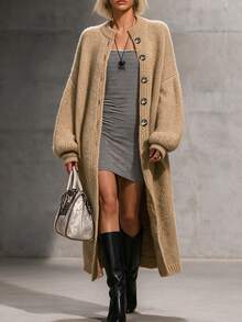 SHEIN Cardigan Rajut Panjang Leher Bulat Musim Gugur/Musim Dingin, Mantel Sweater Longgar Lengan Lentera dengan Kancing Depan - Khaki - View 8