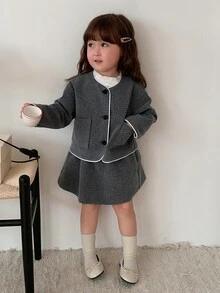 DAZY Baby Girls Colorblock Long Sleeve Casual Elegant Jacket & Skirt Korean Style Set Fall - Grey - View 7