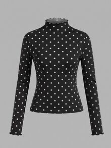 SHEIN EZwear 波點荷葉邊飾 2 件組休閒立領修身純色黑白長袖打底 T 恤，百搭秋冬上衣，適合日常通勤、約會、聚會、秋冬/夏季、聖誕節、新年、感恩節、派對、婚禮、海灘、畢業典禮，時尚優雅休閒外出約會穿搭 - 彩色 - 查看 7