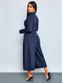 SOLERSUN Women's Vintage Military Two Pieces Suit, Napoleon Inspired Cropped Jacket And High Waist Wide Leg Pants Set With Gold Button Accents - Blue - View 2