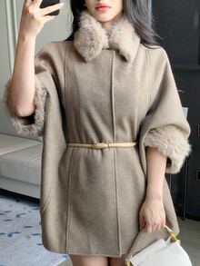 DAZY Women's Vintage Elegant Faux Fur & Wool Blend Coat - Apricot - View 7