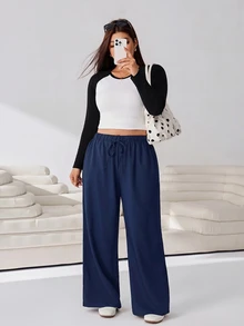 Solflare Casual Versatile Solid Color Loose Plus Size Pants - Navy Blue - View 4