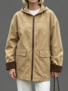 Struktiv Women's Colorblock Cuff Zipper Placket Casual Hooded Jacket - Khaki - View 8