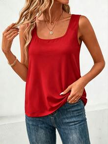 EMERY ROSE Women's Solid Color Square Neck Casual Versatile Tank Top - Red - View 3