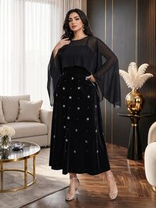 Modelyn Plus Size Women's Flare Sleeve Top And Floral Print Dress Elegant 2 Pieces Set - Black - View 6