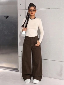 SHEIN 青少年女孩休閒百搭牛仔寬鬆闊腿長褲，附口袋 - 棕色 - 查看 7