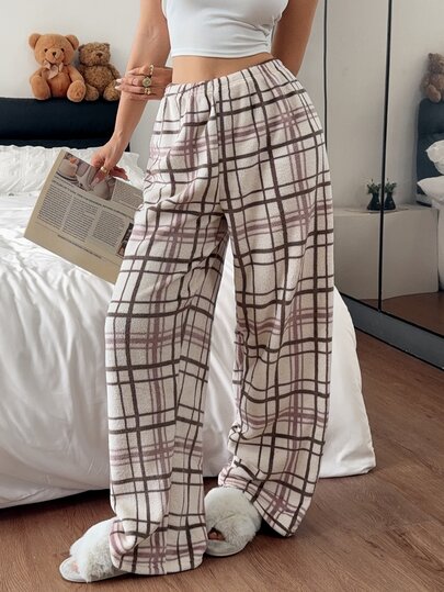 Napfluff Christmas Plaid Plush Print Long Pants Women's Pajama Bottoms