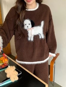 DAZY Happy Puppy Pattern Contrast Color Loose Knit 2-Piece Pajama Set For Women, Autumn/Winter - Coffee Brown - View 3