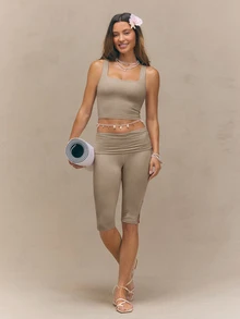 GLOWMODE FeatherFit™ Active Ambition Buttery-Soft Square Neck Twisted Open Back Removable Cups Crop Active Tank Top Low Impact Yoga Pilates Studio Daily Wear - Khaki - View 7
