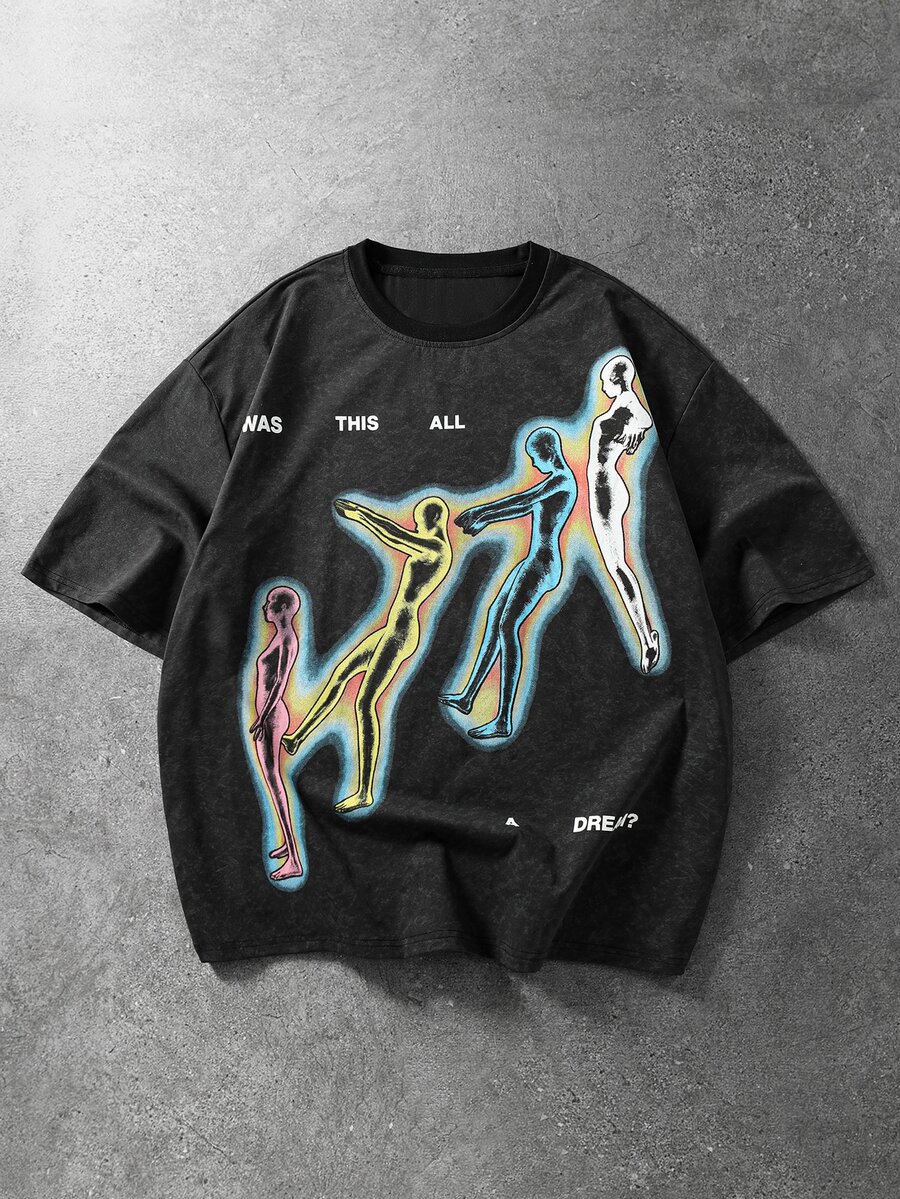 ROMWE MEN Men's Abstract Figure Print Streetwear Plus Size T-Shirt - Black - View 1
