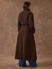 SHEIN BAE Solid Color Casual Style Stand Collar Tie Double-Breasted Premium Versatile Loose Fit Commuter Daily Long Overcoat - Coffee Brown - View 2