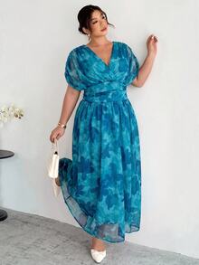 Firerie Women's New Elegant Vacation Commute Casual French Romantic Cross Pleated Batwing Sleeve Cinched Waist Umbrella Hem Long Dress, Umbrella Hem Long Dress, Elegant Romantic Long Dress, V-Neck Long Dress, Sexy Daily Elegant Commute Women's Long Dress, Spring/Summer Clothing, Elegant, Commute, Date, Party Dress, Graduation Dress, Wedding Guest Dress, Ball Gown, Formal Occasion - Blue - View 4
