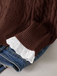CosyJoli Sweater Lengan Panjang Kasual Harian Wanita Ukuran Plus dengan Motif Blok Warna - Chocolate Brown - View 3