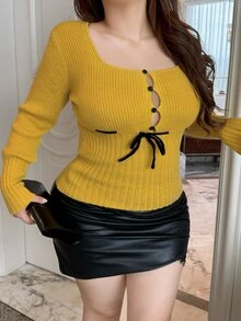 REIGN AVE Sexy Minimalist Sexy Wrap Tie Square Neck Long Sleeve Spring/Autumn New Korean Style Pullover Sweater Winter - Yellow - View 5