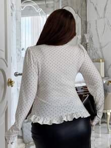 Dazy Plus Fashion Polka Dot Contrast Lace Waist-Cinching Sexy Elegant Slim Fit Long Sleeve White T-Shirt Autumn High Tea Formal - White - View 2