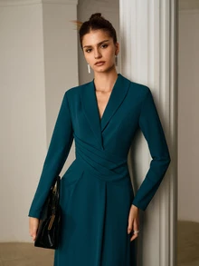 ZEYLAH Elegant Commuter Blazer Collar Dress - Teal Blue - View 1