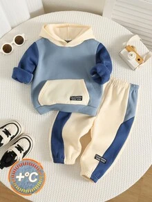 SHEIN 2pcs Baby Boy Autumn/Winter Casual Knit Soft Round Neck Long Sleeve Pullover Sweatshirt & Pants Set, Color Block Outfit, Blue Set, Pullover Sweatshirt Set, Infant Set, Autumn/Winter Set - Multicolor - View 4