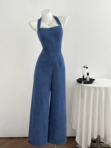 Elamini Festival Standard Size Women's Blue Non-Stretch Halter Neck Denim Jumpsuit - Medium Wash - View 3