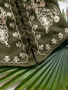 Soleia 女款度假休閒花卉刺繡交叉綁帶抹胸上衣 - 軍綠色 - 查看 4