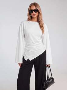 Avantive Women's Autumn Casual Solid Color Asymmetrical Hem Top - White - View 5