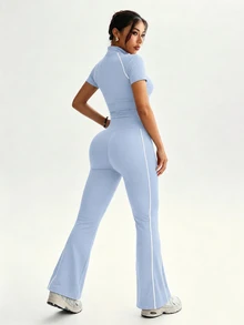 Dewbera Dewbera 2件組女款運動套裝 藍白配色 短袖對比條紋全開襟夾克喇叭長褲 健身運動夏季穿搭 - 藍色 - 查看 5