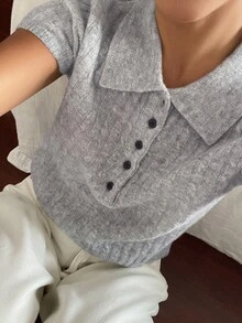Livesso Women's Wool Blue Grey Turn-Collar Button Short Sleeve Slim Fit Ribbed Jacquard Knit Casual French Basic Top, Summer/ Office Brunch - Grey - View 1