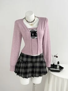 Elamini Sweater Wanita Lengan Panjang Warna Polos Motif Geometris 2 In 1 - Berwarna merah muda - View 3