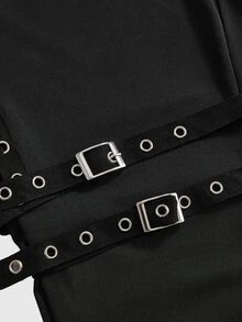 ROMWE Grunge Punk Dark Punk Motorcycle Heavy Duty Eyelet Webbing Tie Design High Elasticity Slim Fit Plus Size Cropped Pants - Black - View 4