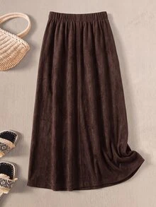 Rusticease Middle-Aged Women Solid Color Casual Versatile Daily Wear Skirt - Coffee Brown - View 2