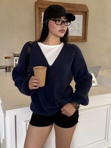 DAZY Women's Fall Navy And White V-Neck Long Sleeve 2 In 1 Colorblock Patchwork Loose Layered Casual Preppy Streetwear Daily Knit Sweater Commuting Brunch Winter - Navy Blue - View 7