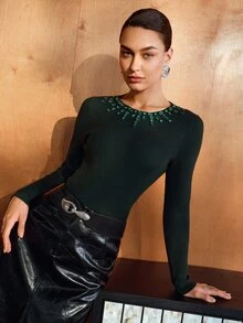 MOTF PREMIUM HEAVY HAND-EMBELLISHED RHINESTONE FITTED BASE LAYER KNIT SWEATER - Green - View 7