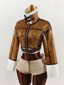 Amplova PU Composite Faux Fur Cropped Waist Jacket, Retro Dropped Shoulder, Autumn/Winter - Brown - View 11