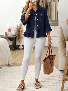 EMERY ROSE Áo khoác denim thời trang đường phố size lớn, cài cúc, gấu bèo nhún - Màu xanh lam - Xem 6