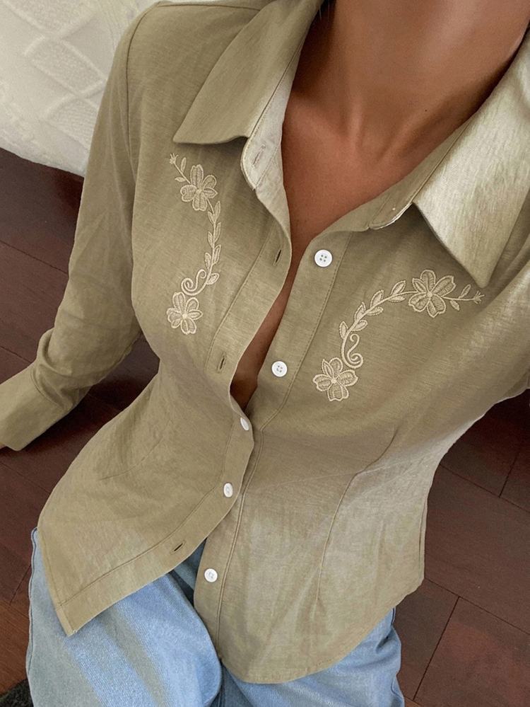 DAZY Floral Pattern Embroidered Fitted Waist Long Sleeve Collared Elegant Vacation Summer Blouse For Women Fall - Khaki - View 6