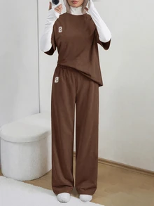 Solavon 女款休閒對比滾邊印花T恤與長褲兩件套 - 咖啡棕 - 查看 1