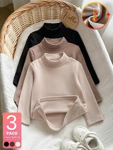 SHEIN Vintaside Kids 3件組女嬰高領內搭上衣 可愛黑色、棕色、米色 抓絨內裡 長袖假領 派對冬季秋季聖誕假期 羅紋款 - 彩色 - 查看 3