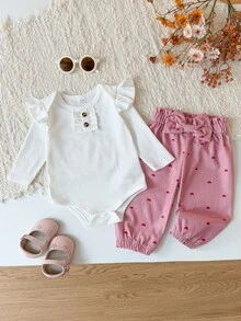 SHEIN Vintaside Kids 2件組 粉色女嬰甜心蝴蝶結紙袋腰傘狀袖連身衣褲套裝 秋季 - 粉色 - 查看 3