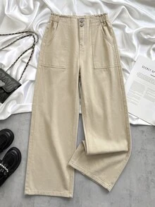 SHEIN 青少年女孩卡其色寬鬆寬腿牛仔褲 - 卡其色 - 查看 1