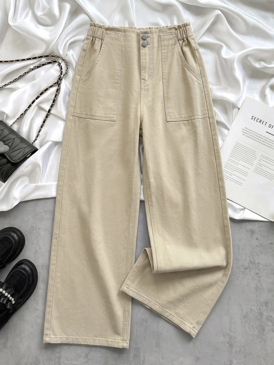 SHEIN 青少年女孩卡其色寬鬆寬腿牛仔褲 - 卡其色 - 查看 1