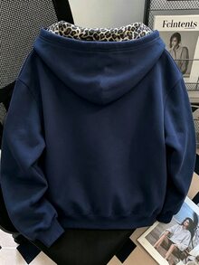Resyla 女款外套上衣，秋冬新款，時尚百搭，戶外度假穿搭，海軍藍，豹紋，字母印花，女款雙層連帽衛衣 - 藏蓝色 - 查看 2