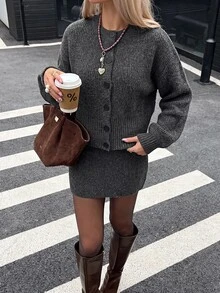 Lavishia Women's Elegant Round Neck Lantern Sleeve Cardigan And Skirt Sweater 2 Pieces Set - Dark Grey - View 4