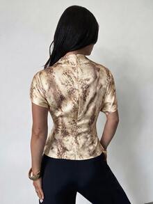 Firerie Women's Summer Ruched Collar Asymmetrical Sleeve Side Waist Ruched Slimming Commute Apricot Bamboo Linen Fabric Shirt, All Season, Classic Elegant Light Color Leopard Print - White - View 2