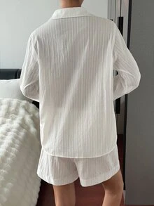 Livesso Women's Textured Button Long Sleeve Top And Shorts Loungewear Set Fall - White - View 2