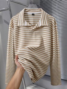 Calvornis 男士條紋長袖 Polo 衫，萬聖節、聖誕節、新年禮物 - 卡其色 - 查看 6