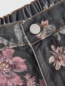 ROMWE Fairycore Versatile Casual Vintage Floral Wide Leg Plus Size Denim Jeans - Black - View 3