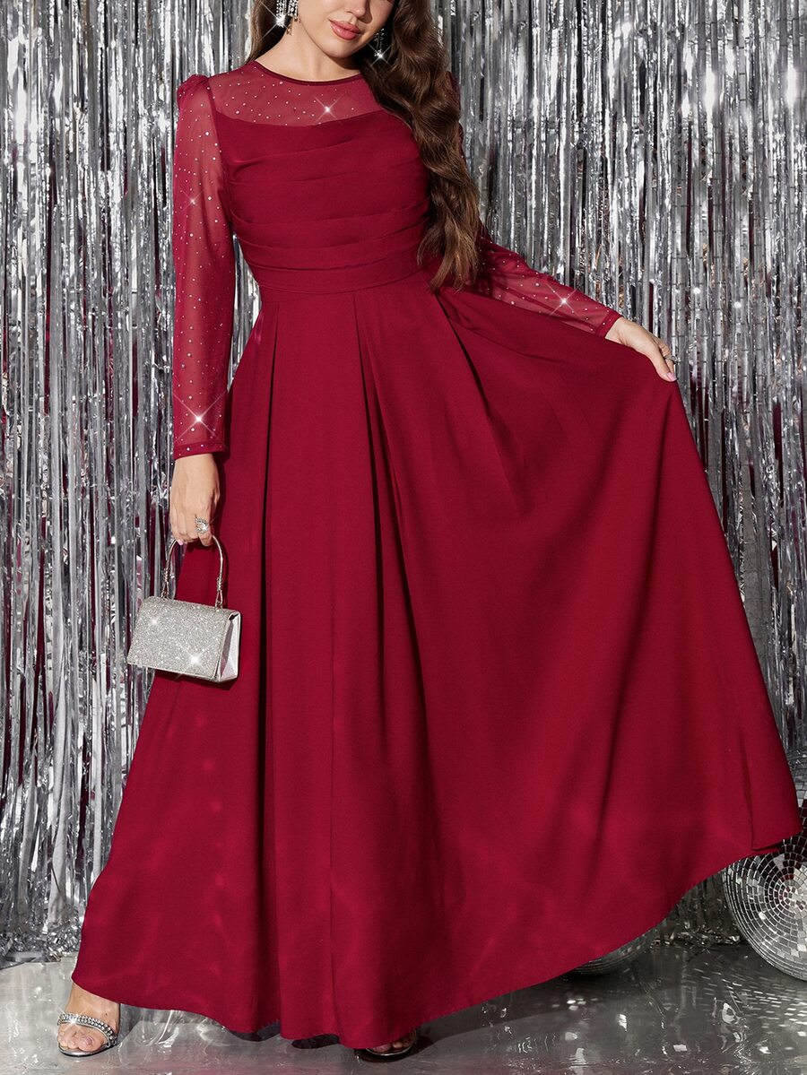 SHEIN Clasi Đầm nữ size lớn phối patchwork đính đá rhinestone lưới xếp ly thanh lịch