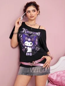 HELLO KITTY AND FRIENDS | SHEIN Women's Summer Casual Cartoon Print Asymmetric Collar T-Shirt - Black - View 3